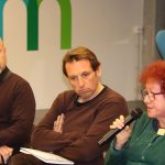 El regidor de Cultura, Sergi Corral, l'autor Santi Borrell, i la presidenta de la Fundació Francesc Pujols, Assumpta Clopas